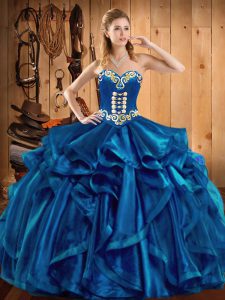 Fine Blue Organza Lace Up Quinceanera Dresses Sleeveless Floor Length Embroidery and Ruffles