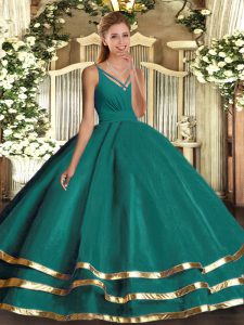 Turquoise Ball Gowns Tulle V-neck Sleeveless Ruching Floor Length Backless Quince Ball Gowns