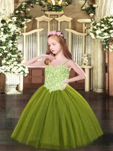 Graceful Floor Length Olive Green Little Girl Pageant Dress Spaghetti Straps Sleeveless Lace Up