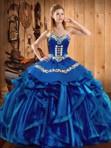 Blue Ball Gowns Embroidery and Ruffles Sweet 16 Dresses Lace Up Organza Sleeveless Floor Length