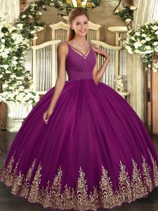 Colorful Sleeveless Tulle Floor Length Backless Ball Gown Prom Dress in Fuchsia with Appliques