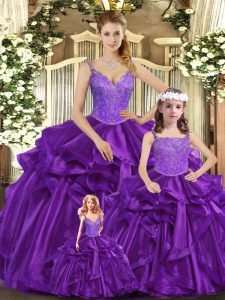 Customized Sleeveless Floor Length Beading and Ruffles Lace Up Quinceanera Dresses with Purple