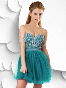 A-line Prom Evening Gown Teal Sweetheart Tulle Sleeveless Mini Length Zipper