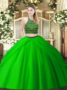 Comfortable Green Ball Gown Prom Dress Military Ball and Sweet 16 and Quinceanera with Beading and Ruching Halter Top Sl