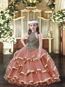 Best Sleeveless Organza Floor Length Lace Up Little Girl Pageant Gowns in Rust Red with Beading and Ruffled Layers