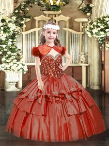 Straps Sleeveless Lace Up Little Girls Pageant Dress Coral Red Organza