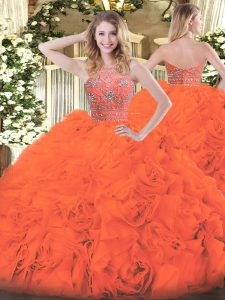 Halter Top Sleeveless Quinceanera Gown Floor Length Beading and Ruffles Orange Red Tulle