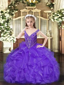 Organza V-neck Sleeveless Lace Up Beading and Ruffles Pageant Dress Toddler in Lavender