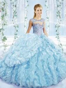 Glorious Blue Ball Gowns Sweetheart Sleeveless Organza Lace Up Beading and Ruffles and Pick Ups Sweet 16 Dresses