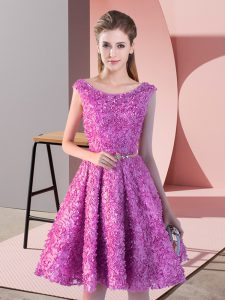 Beauteous Scoop Sleeveless Prom Evening Gown Knee Length Belt Lilac Lace