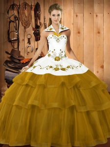 Brown 15 Quinceanera Dress Satin and Organza Brush Train Sleeveless Embroidery and Ruffled Layers