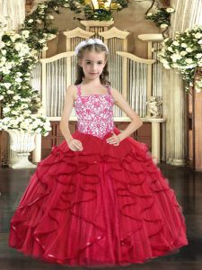 Coral Red Straps Neckline Beading and Ruffles Little Girls Pageant Gowns Sleeveless Lace Up