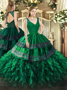 Noble Sleeveless Floor Length Beading and Lace and Ruffles Backless Sweet 16 Quinceanera Dress with Dark Green