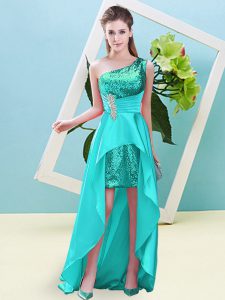 One Shoulder Sleeveless Prom Party Dress High Low Beading and Sequins Aqua Blue Elastic Woven Satin and Sequined