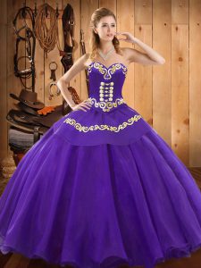 Sleeveless Floor Length Embroidery Lace Up 15 Quinceanera Dress with Purple