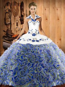 Fashion Halter Top Sleeveless Fabric With Rolling Flowers Vestidos de Quinceanera Embroidery Sweep Train Lace Up