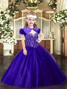 Trendy Purple Ball Gowns Tulle Straps Sleeveless Beading Floor Length Lace Up Little Girls Pageant Dress Wholesale