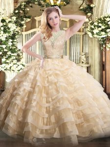 Organza Scoop Sleeveless Backless Lace and Ruffled Layers 15 Quinceanera Dress in Champagne