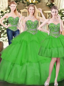 Beading and Ruffled Layers 15 Quinceanera Dress Green Lace Up Sleeveless Floor Length
