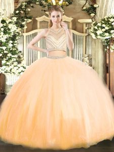 Luxurious Scoop Sleeveless Vestidos de Quinceanera Floor Length Beading Gold Tulle