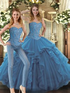 Teal Sleeveless Floor Length Beading and Ruffles Lace Up Sweet 16 Quinceanera Dress