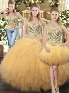 Glittering Gold Sweetheart Neckline Beading and Ruffles Quinceanera Gown Sleeveless Lace Up