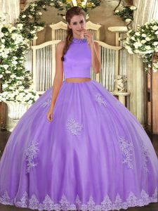 Lavender Halter Top Neckline Beading and Appliques Quinceanera Dresses Sleeveless Backless