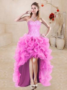 Sleeveless Organza High Low Lace Up Prom Party Dress in Rose Pink with Beading and Ruffles