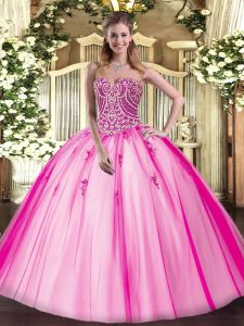 Customized Sleeveless Tulle Floor Length Lace Up Quinceanera Gown in Hot Pink with Beading