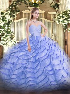 Smart Blue Lace Up Ball Gown Prom Dress Beading and Ruffled Layers Sleeveless Brush Train