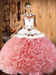 Chic Watermelon Red Sweet 16 Dress Military Ball and Sweet 16 and Quinceanera with Embroidery Halter Top Sleeveless Lace