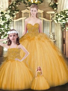 Fantastic Sleeveless Tulle Floor Length Lace Up Sweet 16 Quinceanera Dress in Gold with Beading and Ruffles
