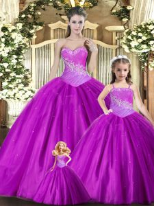 Purple Ball Gowns Tulle Sweetheart Sleeveless Beading and Ruching Floor Length Lace Up 15 Quinceanera Dress