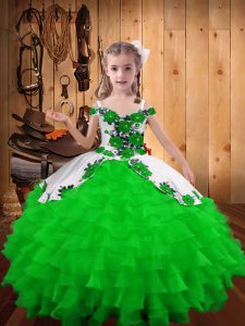 Floor Length Green Kids Pageant Dress Organza Sleeveless Embroidery and Ruffled Layers