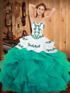 Popular Ball Gowns 15 Quinceanera Dress Turquoise Strapless Satin and Organza Sleeveless Floor Length Lace Up