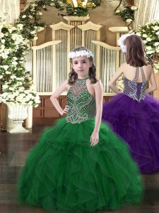 Elegant Dark Green Halter Top Lace Up Beading and Ruffles Pageant Dress for Teens Sleeveless