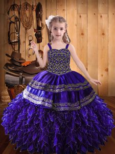 Inexpensive Satin and Tulle Straps Sleeveless Lace Up Beading and Appliques Little Girls Pageant Dress in Dark Purple