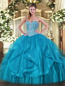 Exquisite Baby Blue Sleeveless Beading and Ruffles Floor Length Quinceanera Gown