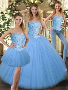 Floor Length Lace Up Quince Ball Gowns Baby Blue for Military Ball and Sweet 16 and Quinceanera with Beading