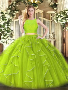 Fantastic Yellow Green Ball Gowns Lace and Ruffles Sweet 16 Dress Zipper Organza Sleeveless Floor Length