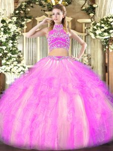 High-neck Sleeveless Quinceanera Dresses Floor Length Beading and Ruffles Lilac Tulle