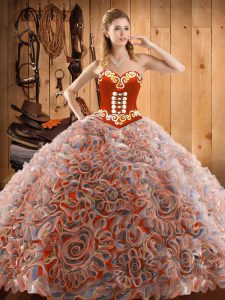 Popular Multi-color Satin and Fabric With Rolling Flowers Lace Up Sweetheart Sleeveless With Train Quince Ball Gowns Swe