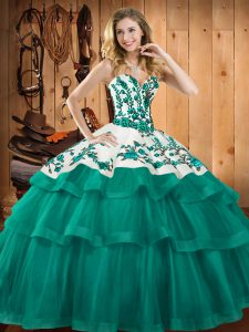 Fantastic Sweetheart Sleeveless Sweep Train Lace Up 15 Quinceanera Dress Turquoise Organza