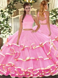 Rose Pink Sleeveless Floor Length Beading and Ruffled Layers Backless Quinceanera Dress