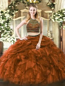 Edgy Sleeveless Tulle Floor Length Zipper Quinceanera Dresses in Brown with Beading and Ruffles