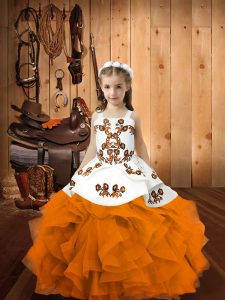 Best Orange Straps Neckline Embroidery and Ruffles Pageant Dress Wholesale Sleeveless Lace Up