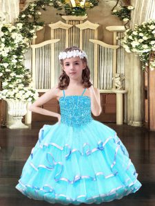 Simple Organza Spaghetti Straps Sleeveless Lace Up Beading and Ruffled Layers Child Pageant Dress in Aqua Blue