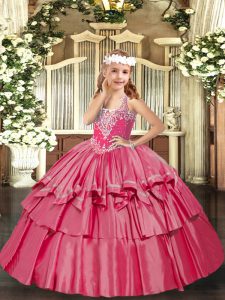 V-neck Sleeveless Organza Little Girl Pageant Gowns Beading and Ruffled Layers Lace Up