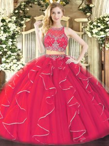 Cheap Coral Red Sweet 16 Quinceanera Dress Military Ball and Sweet 16 and Quinceanera with Ruffles Scoop Sleeveless Zipp