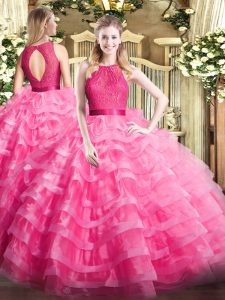 Modest Hot Pink Sleeveless Ruffled Layers Floor Length Quinceanera Dresses